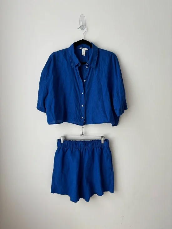 H&M Blue Linen Blend Matching Set Cropped Shirt & Shorts Coastal Summer Set - Picture 2 of 11